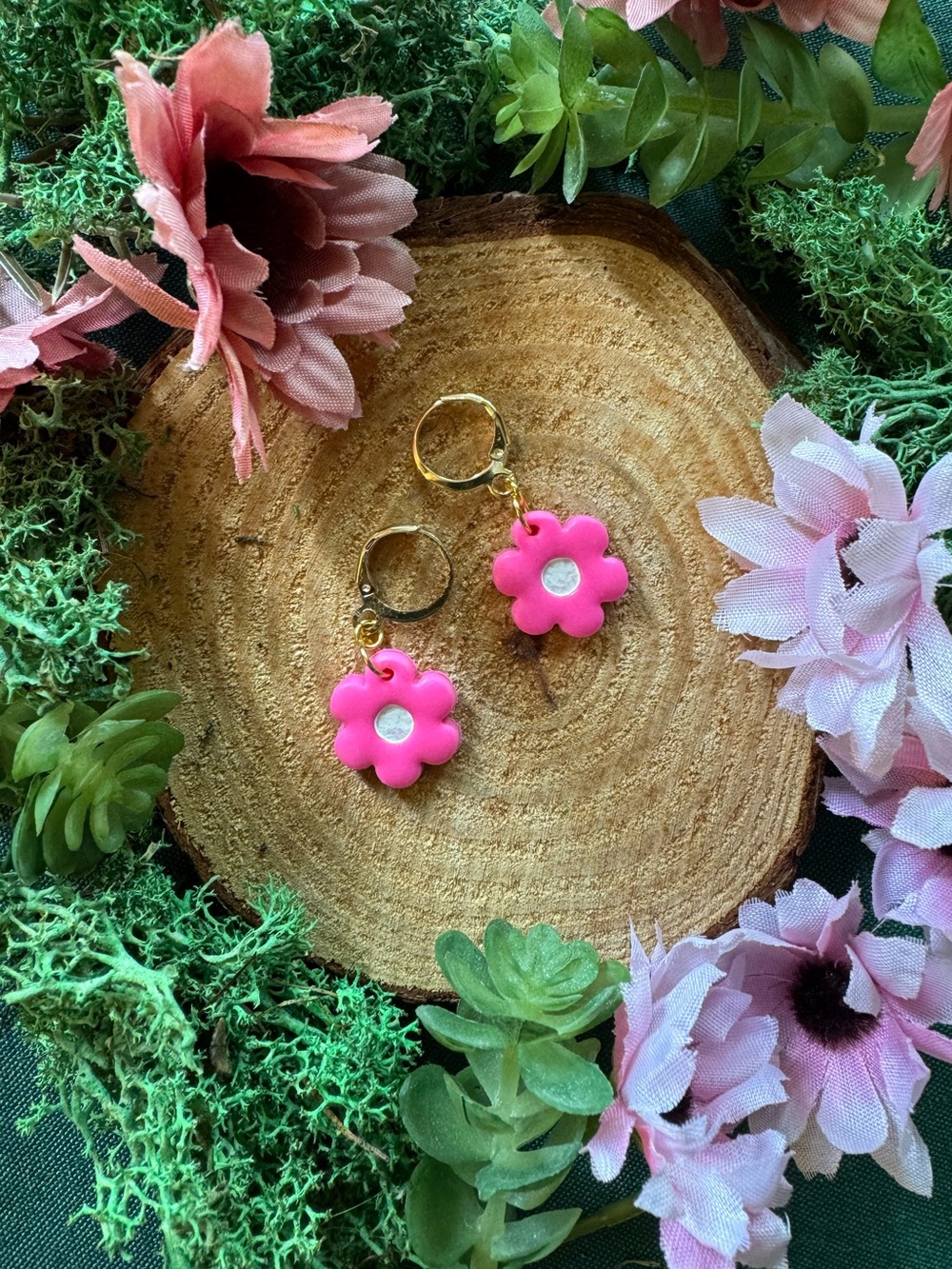 Handmade Polymer Clay Gold Colored Hot Pink Flower Earrings